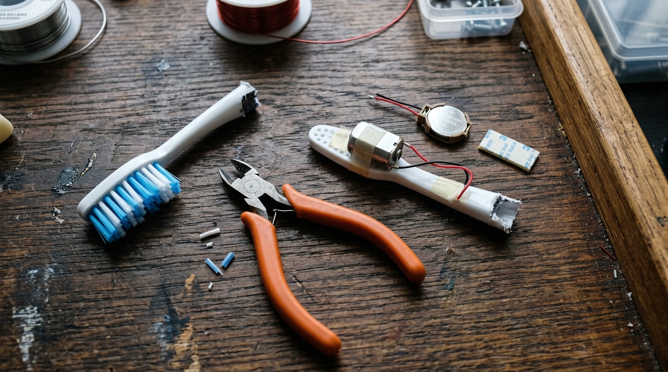 Step 1: Cut toothbrush head with backward-slanted nylon bristles prepared on workbench.