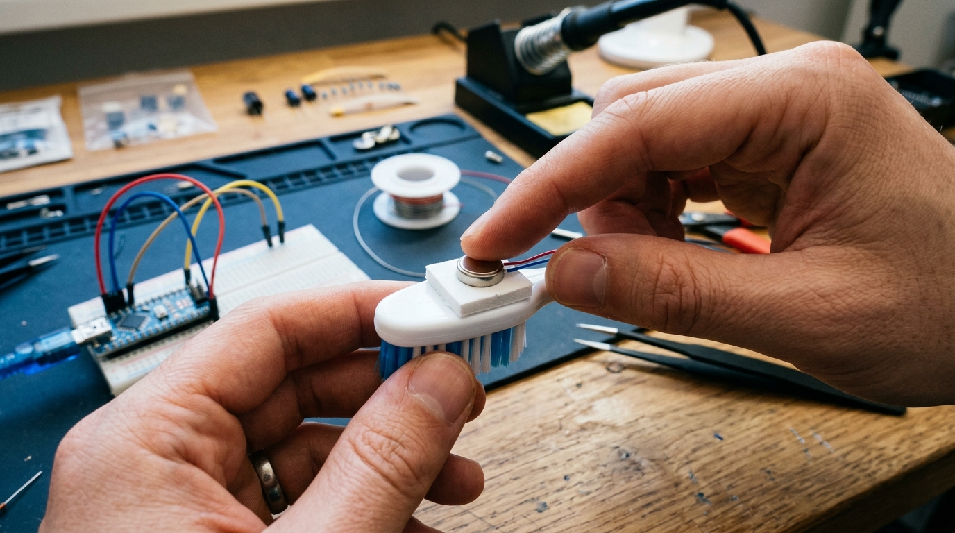 Step 2: Pressing double-sided foam tape and securing the 3V vibration motor.