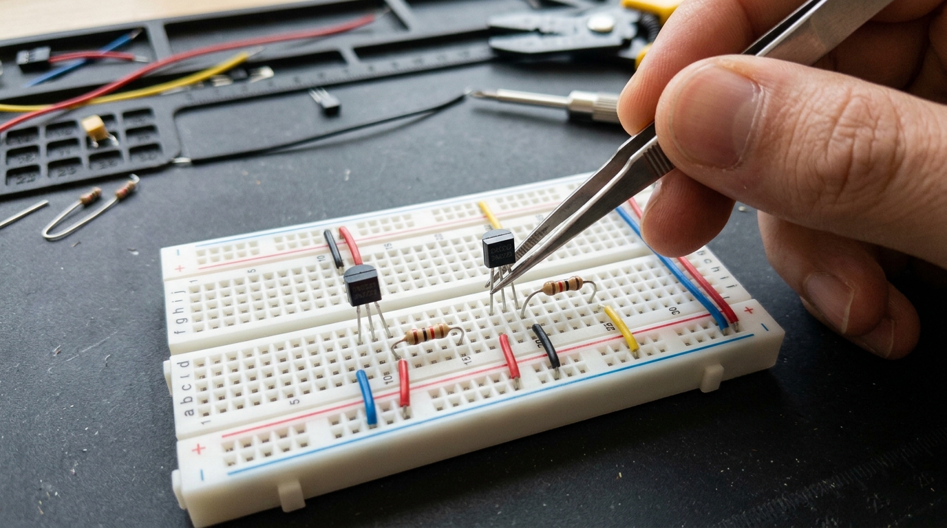 Step 1: Inserting 2N2222 NPN transistors, 1kΩ resistors, and power jumpers into breadboard.