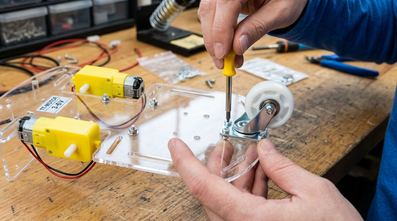 Step 1: Assembling acrylic chassis base, mounting TT gearmotors, and securing front caster wheel.