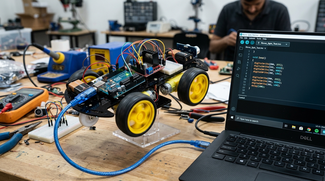 Step 3: Arduino IDE USB code upload and testing differential drive wheel rotation.